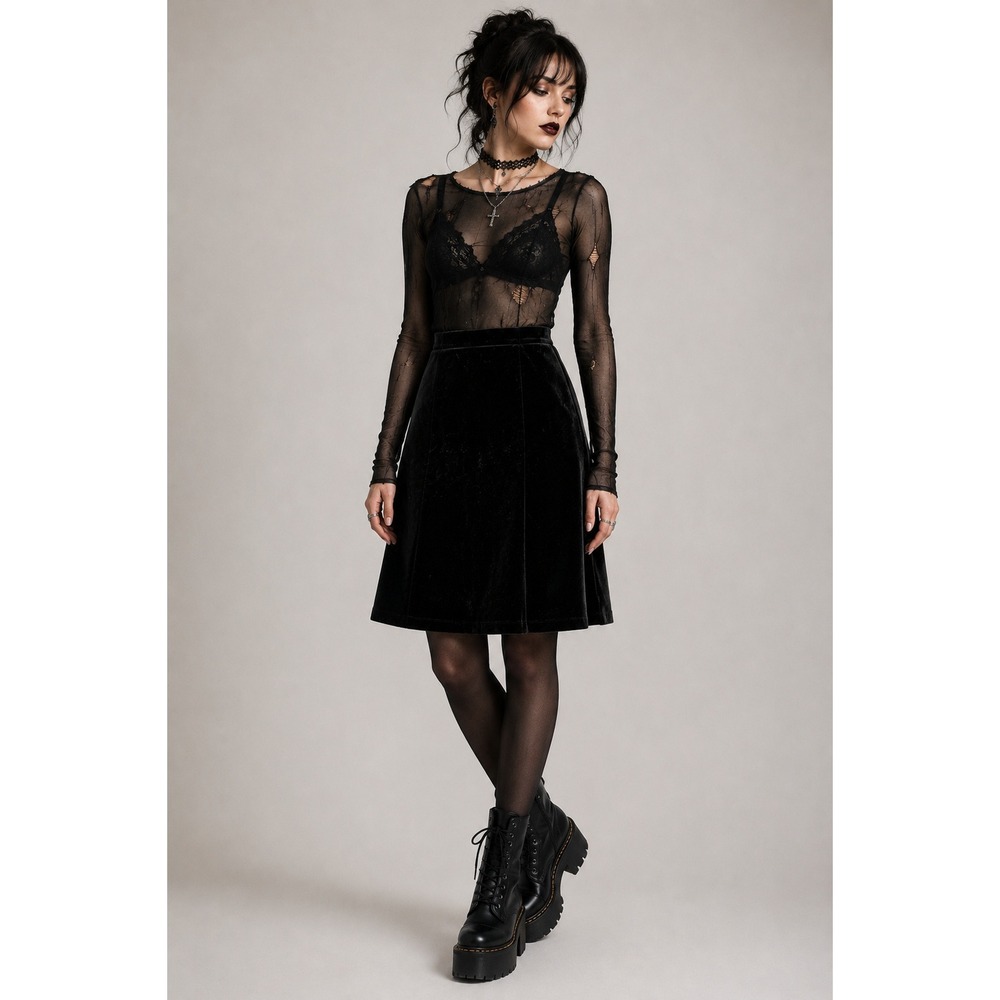 60s Rosecrest Black Velvet A-Line Skirt Small 4/6 Mod Goth Dark Academia